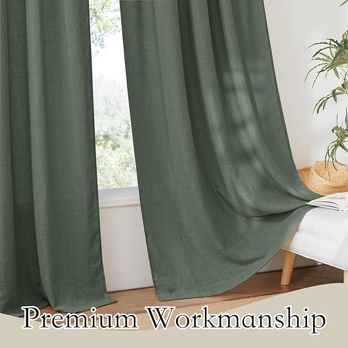 RYB HOME Green Linen Curtains 84 inches Long for Living Room Kids Room, Light Filtering Privacy Protection Home Decor 2 Panels Set for Sliding Glass Door, W 52 x L 84 inches, Hunter Green
