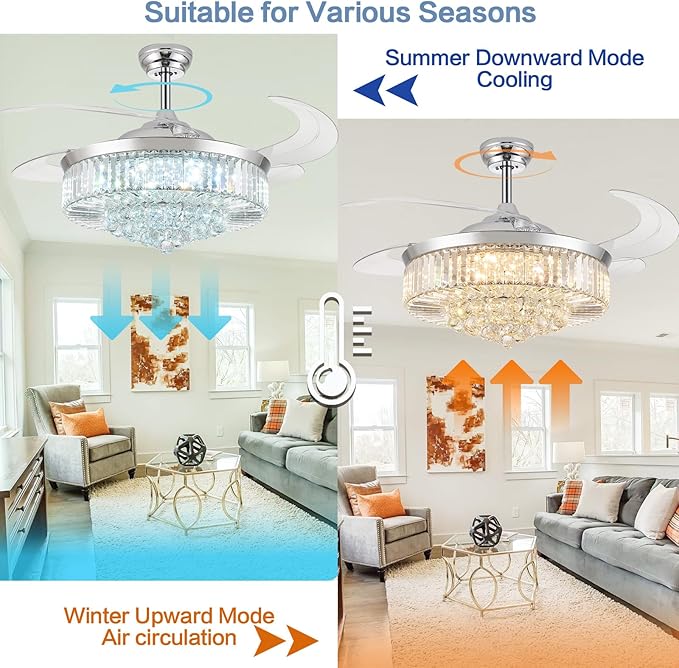 52” Bluetooth Ceiling Fan with Light and Speaker,RGB Retractable Blades Crystal Fandelier Music Player LED Chandelier 6-Speed APP Control Timer Remote for Bedroom Silver