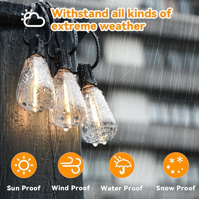 Vocevos 100FT LED Outdoor String Lights with 52 Waterproof Shatterproof ST38 Vintage Edison Bulbs, Outside Lights for Patio Lighting Cafe, Bistro, Backyard, 2700K Dimmable