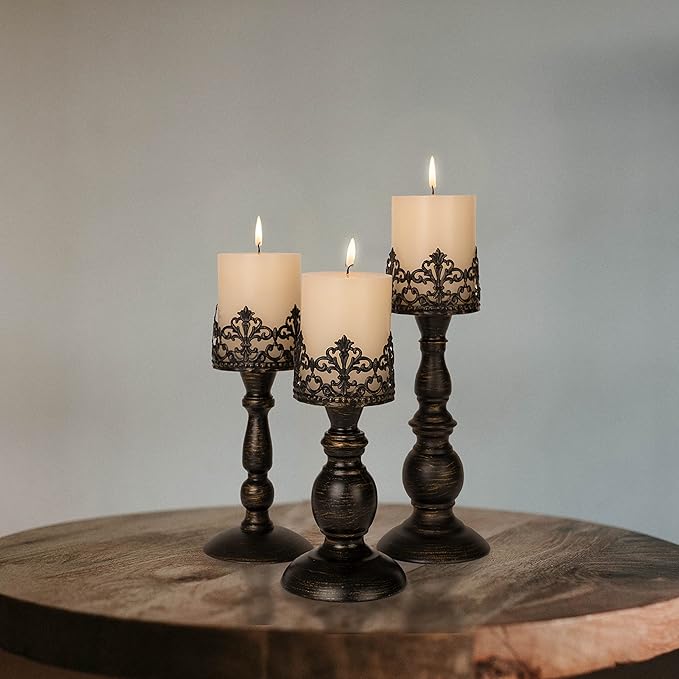 Distressed Black Candle Holders for Pillar Candles Set of 3, Vintage Crown Candle Stands for Table Centerpiece Decor, Tall Antique Metal Candle Holder Set for Fireplace Decoration, Ideal Gift