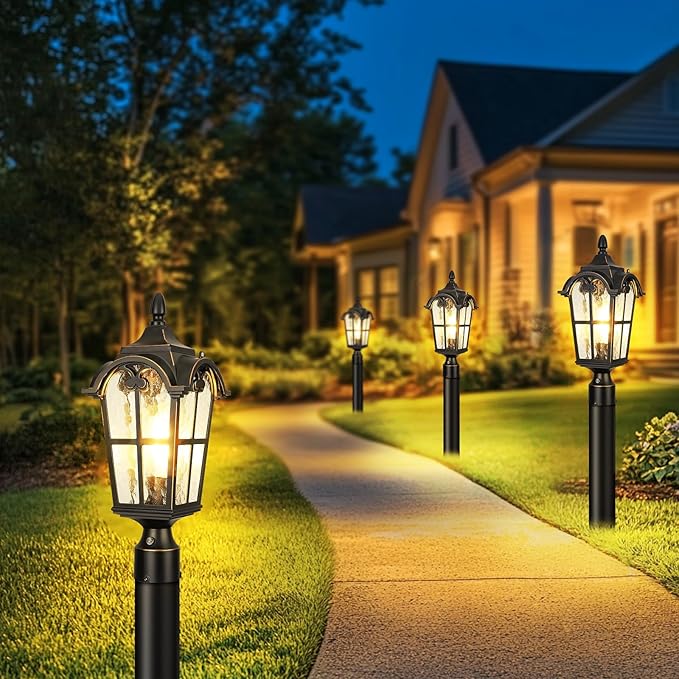 Dusk to Dawn Outdoor Post Lights,Black Waterproof Lamp Post Light Fixture, Aluminum Lamp Posts Outdoor Lighting Pole Lantern for Outside Yard Patio Pathway Garden Deck, Hard Wired