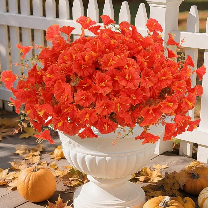 Geegoods Artificial Fall Flowers Outdoor – 16 Bundles Morning Glory with Eucalyptus, UV Resistant Faux Plants for Porch, Patio, Front Door & Garden Planter Boxes | Lifelike Autumn Decoration
