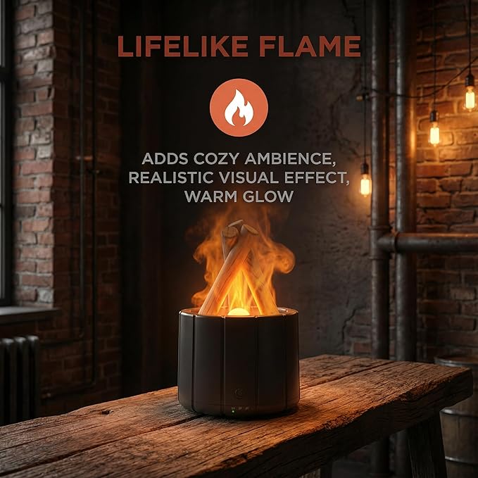 Aesthetic Campfire Essential Oil Diffuser, USB Rechargeable Wood Stack Humidifier with Remote, 7-Color Flame Light, Portable Aroma Diffuser for Home Office Decor, Unique Zen Gift (1, Black)