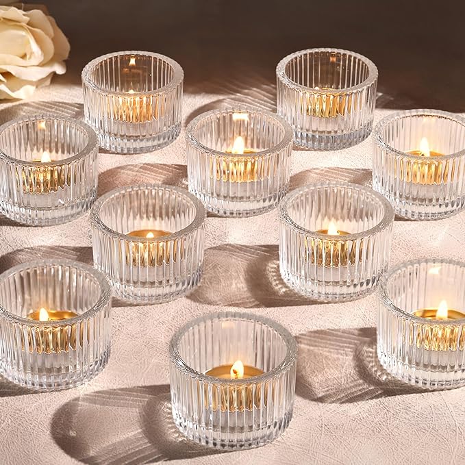 Tealight Candle Holder Set of 12, Clear Small Votive Candle Holders for Table Centerpiece, Glass Tea Light Candles Holder for Party&Home, Wedding Decor(2''Dia*1.4''H)