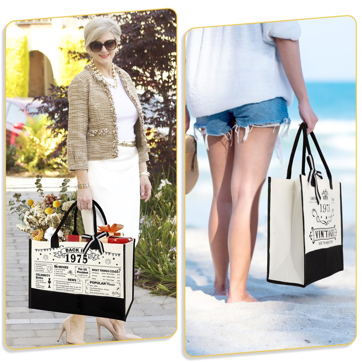 50th Birthday Gifts for Women Canvas Tote Bag Travel Gear, Unique 50 Years Old Gifts for Wife Sister Mom Aunt Friends Her, Vintage 1975 Handbag & Cosmetic Bag & Back in 1975 Poster