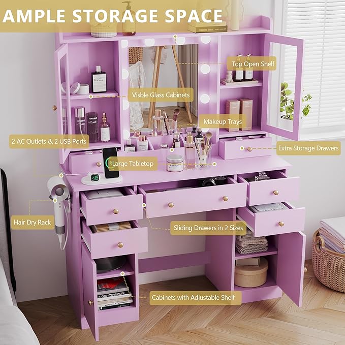 Makeup Vanity Desk with Mirror and Lights, Purple Vanity Table Set with Storage Drawers, Charging Station & Cabinets, Large Dressing Table with RGB Ambient Light for Women Girls Bedroom Bathroom