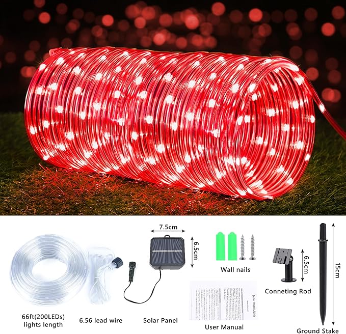 Solar Rope Lights, 66ft 200LED Solar String Lights, 8 Modes Waterproof Solar Powered Outdoor Light, Flexible Clear Tube Light for Garden Backyard Patio Deck Porch Pool Tree Christmas Decoration - Red