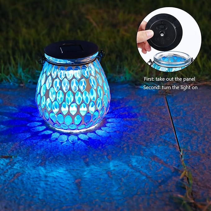 Bshine Mosaic Solar Lantern Outdoor Hanging Waterproof, Blue Mosaic Light Indoor Decorative Table, Garden Decor for Yard Outside, Path, Courtyard, Lawn, Birthday Gift for Mom Women Gardening, Antique