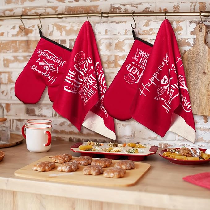 Sratte 6 Pcs Kitchen Decor Accessories Set Farmhouse Towels Pot Holders Oven Mitts Set 2 Dish Towels 2 Potholders 2 Cooking Mittens Oven Glove for Christmas Baking Cooking Supply(Red,Kitchen)