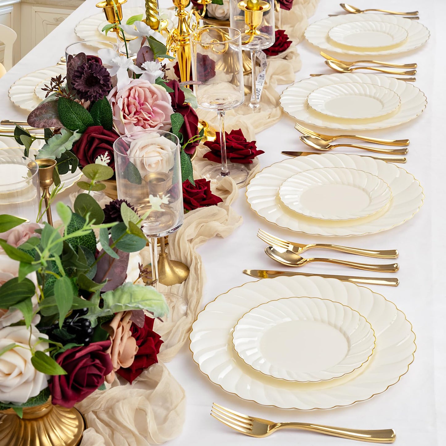 YOUBET 125PCS Scalloped Plastic Plates - Ivory Scalloped Disposable Plates - Gold Plastic Dinnerware Set Include 50 Plates, 75 Gold Silverware for Party & Wedding
