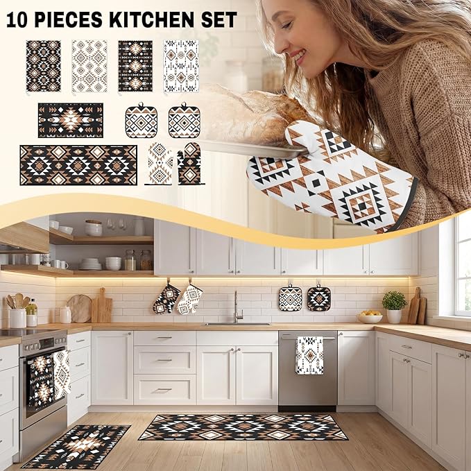 Southwestern Kitchen Decor Set 10 Piece - Aztec Geometric Tribal Pattern Kitchen Rugs, Towels, Oven Mitts and Pot Holders - Modern Boho Native American Style Accessories for Home Apartment