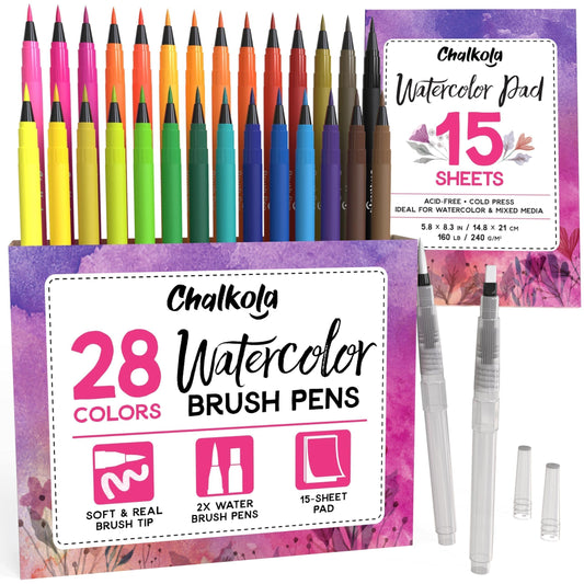 Chalkola Watercolor Brush Pens for Lettering, Coloring, Calligraphy - Set of 28 Watercolor Pens, 15 Painting Pad & 2 Water Color Markers - Drawing Art Supplies for Kids, Adults, Professional Artist