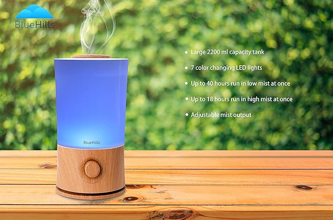 BlueHills Premium Set of Two Large 2000 ML XL Essential Oil Diffusers Humidifier Combo for Large Room Home with Décor LED Lights Great Gift – Dark Wood Grain and a Wood Grain.