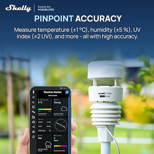 Ecowitt WS90 7-in-1 Weather Station with Bluetooth & Zigbee connectivity, Ultrasonic Wind Monitoring, Haptic rain Detection, Temperature & Humidity Tracking, UV & Illuminance, IPX5, Powered by Shelly