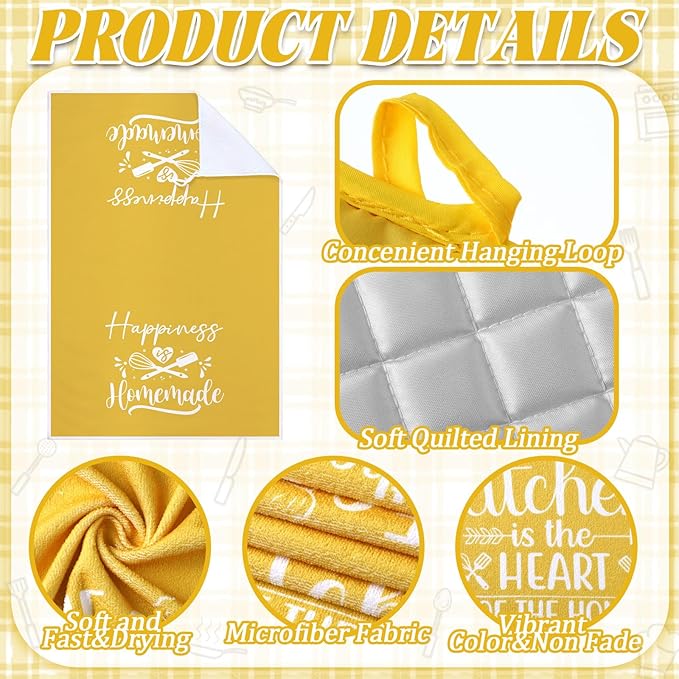 Sratte 6 Pcs Kitchen Decor Accessories Set Farmhouse Towels Pot Holders Oven Mitts Set 2 Dish Towels 2 Potholders 2 Cooking Mittens Oven Glove for Christmas Baking Cooking Supply(Yellow,Kitchen)