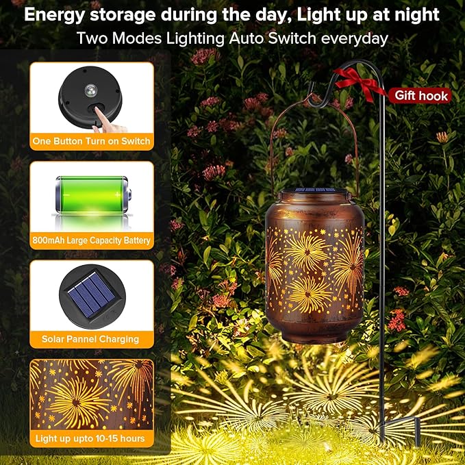 Solar Lanterns Outdoor Waterproof - Hummingbird Solar Lights for Garden, Hanging Metal Lantern Decor for Patio, Yard - Christmas Mothers Day Gifts for Women, Mom, Grandma (Fireworks, 1)