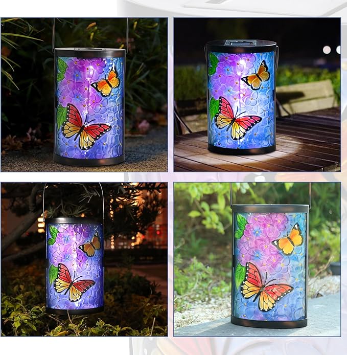 Afirst Solar Lantern Outdoor Hanging Glass Butterfly Solar Lights Waterproof Led Lamp for Garden Yard Tree Desk Decor