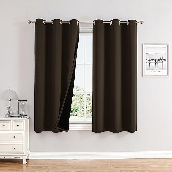 ChrisDowa 100% Blackout Curtains 63 inch Long for Bedroom with Black Liner, 2 Thick Layers Total Blackout Thermal Insulated Grommet Window Curtains 2 Panels Set (Brown, 38 x 63 Inch)