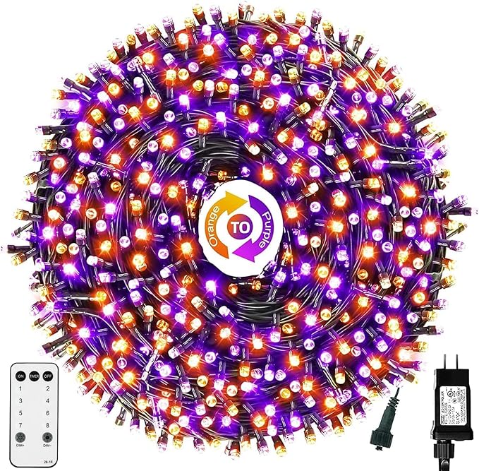 Halloween String Lights End-to-End Plug 8 Modes Timer Remote 108FT 300 LED IP65 Outdoor Waterproof UL Certificated Indoor Fairy Lights Garden Christma Trees Parties Decoration Purple- Orange