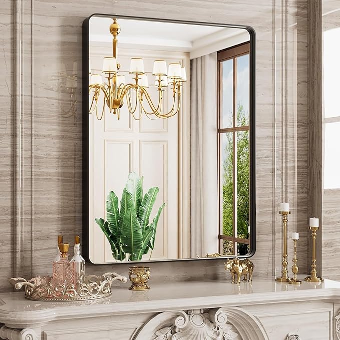 22x31 Inch Black Bathroom Mirror, Rounded Rectangle Matte Framed Wall Mounted Mirror, Bathroom Vanity Mirror, Tempered Glass, Anti-Rust, Horizontal/Vertical...