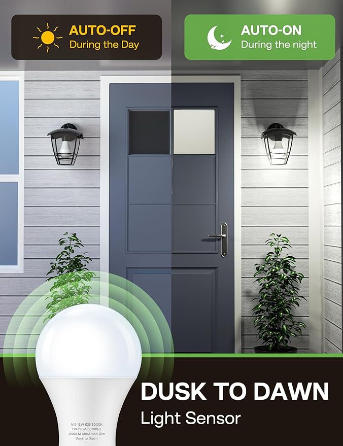 Dusk to Dawn Sensor LED Outdoor Light Bulb, Daylight White 5000K, A19 13W(100 Watt Equivalent) Bright Porch Lighting, 1200LM, Auto-On/Off Photocell Sensor for Garage Yard Patio Garden- 2 Pack