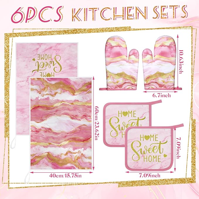 Bencailor 6 Pcs Marble Kitchen Decor Gold Pot Holders Oven Mitts 2 Dish Towels 2 Farmhouse Cooking Mittens Oven Glove and Potholder for Baking Cooking Grilling Supply Accessories(Pink)