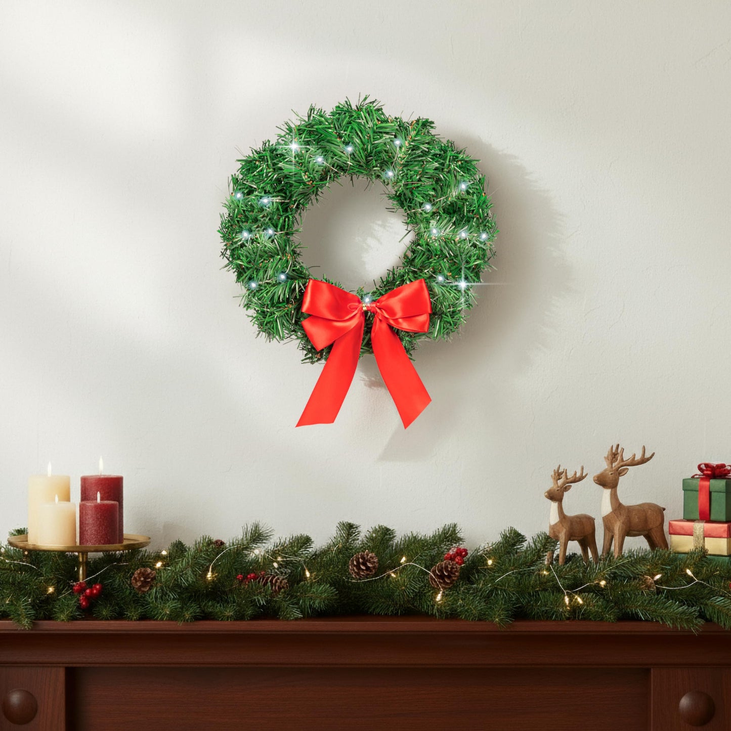 Carbella Christmas Wreath for Car Truck SUV Van, LED Light Up with Red Bow Decoration Ornament Mount Xmas Artificial Pine Water-Proof Winter Holiday Wreath Mounting Hardware Included (11" x 11"")"