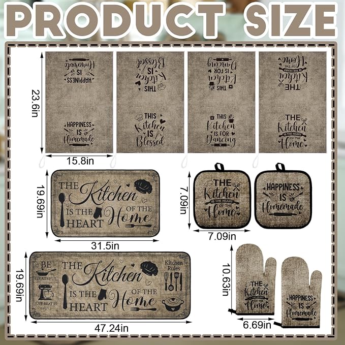 Fourluoo 10 Pcs Farmhouse Kitchen Decor and Accessories Set 4 Kitchen Towels 2 Pot Holders 2 Oven Mitts 2 Rugs for Cooking Baking Mom Housewarming Gifts(Vintage Color,Classic Style)