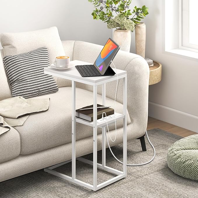 Yoobure C Shaped End Table with Charging Station, Small Side Tables for Living Room Bedroom, Sofa Table with USB Ports and Outlets for Small Spaces, Rustic Bed Side Table