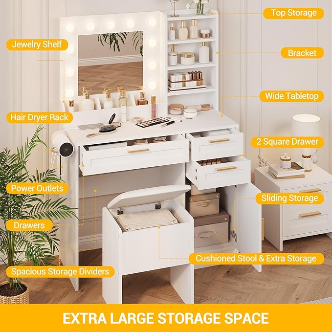 Makeup Vanity with Mirror and Lights, 37" Small Vanity Desk with Power Outlet, 3 Colors & Adjustable Brightness, White Vanity Set with 3 Drawers, Cabinet & Cushioned Chair