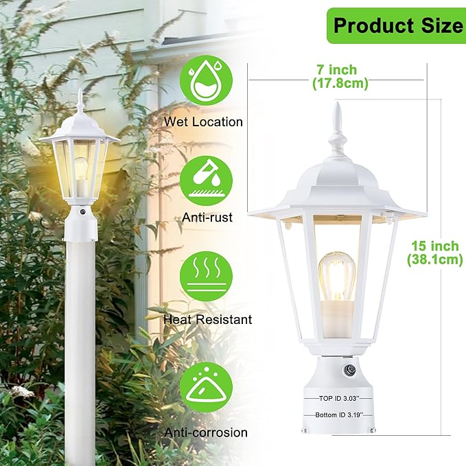 Dusk to Dawn Outdoor Post Light, Pole Lantern, Waterproof Die-Cast Aluminum Pole Light Fixture with Glass, Exterior Post Lamp for Garden Yard Patio Pathway, Matte White, 1-Pack