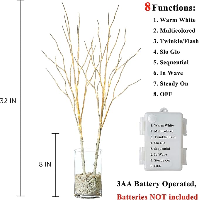 LITBLOOM Lighted Birch Branches Battery Operated with 8 Functions 30IN 100 Multi Color and Warm White Lights for Christmas Holiday Party Decoration Indoor Outdoor