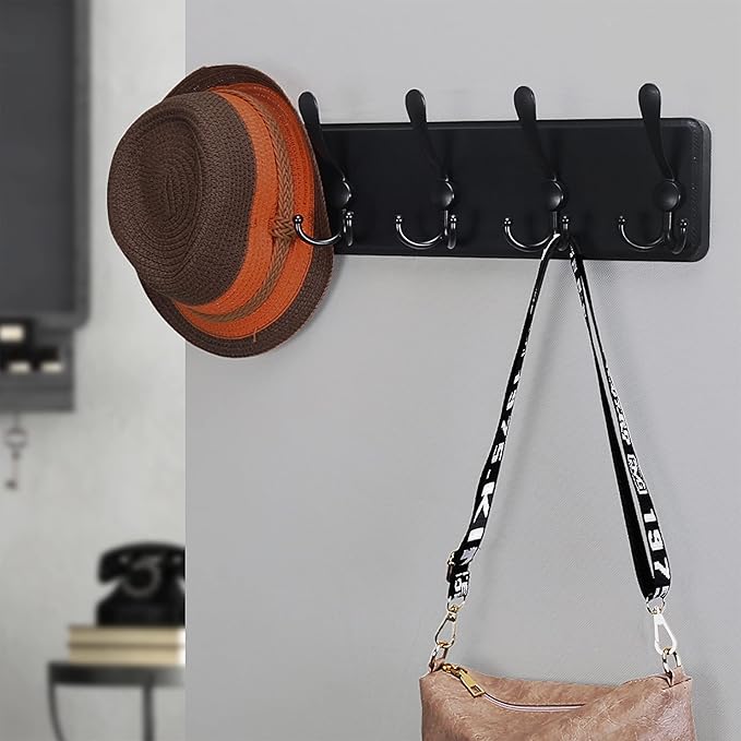 Dseap Coat Rack Wall Mounted - 5 Tri Hooks, Heavy Duty, Wooden Wall Coat Hanger Coat Hook for Clothes Hat Jacket Clothing, Black, Pack of 2