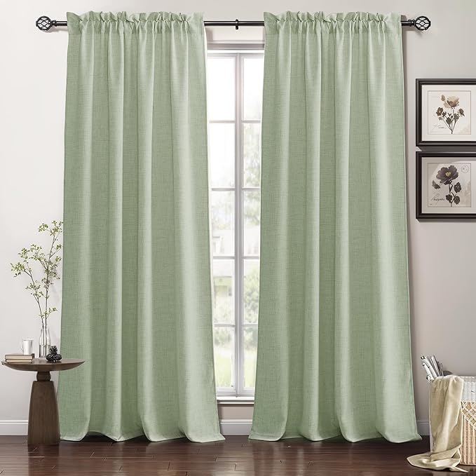 RYB HOME Linen Sheer Curtains and Drapes for Living Room and Dining Room 108 inches Length, Breathable Weave Textured/Rod Pocket Semi Sheer Curtains, Sage Green, W 52 x L 108 inches, 2 Panels Set