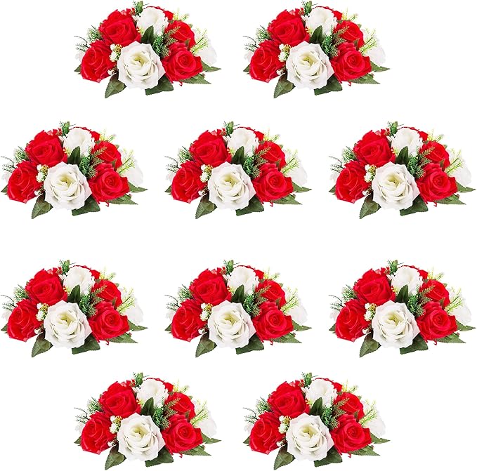 10Pcs Artificial Flower Ball Arrangement, Fake Floral Centerpieces Wedding Roses Bouquet for Parties Valentine's Day Wedding Centerpieces and Home Decor (Red & White)