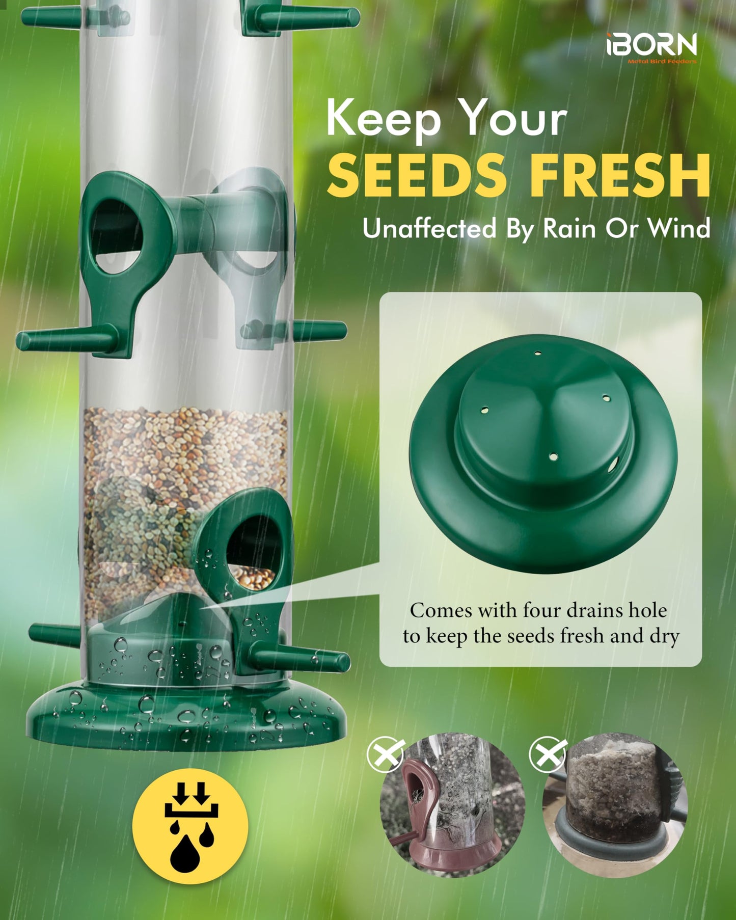 iBorn Metal Bird Feeders 6 Ports Hanging Wild Bird Seed Feeder for Mix Seed Blends, Seed Feeder, Sunflower Heart, Birdbath, Heavy Duty All Metal Green Finishing 15 Inch 6Port,Gift Box