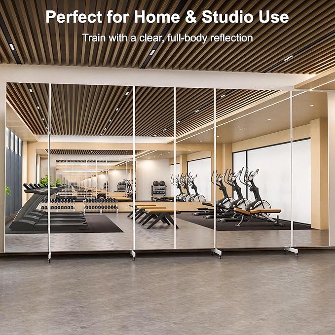Brisafe 81" x 81" Extra Large Full Length Tri-Fold Mirror on Wheels, Stand Up Movable Floor Mirror with Stand, 3-Way Folding Standing Mirror for Gym, Dance Studio, Fitness Room & Home, Black