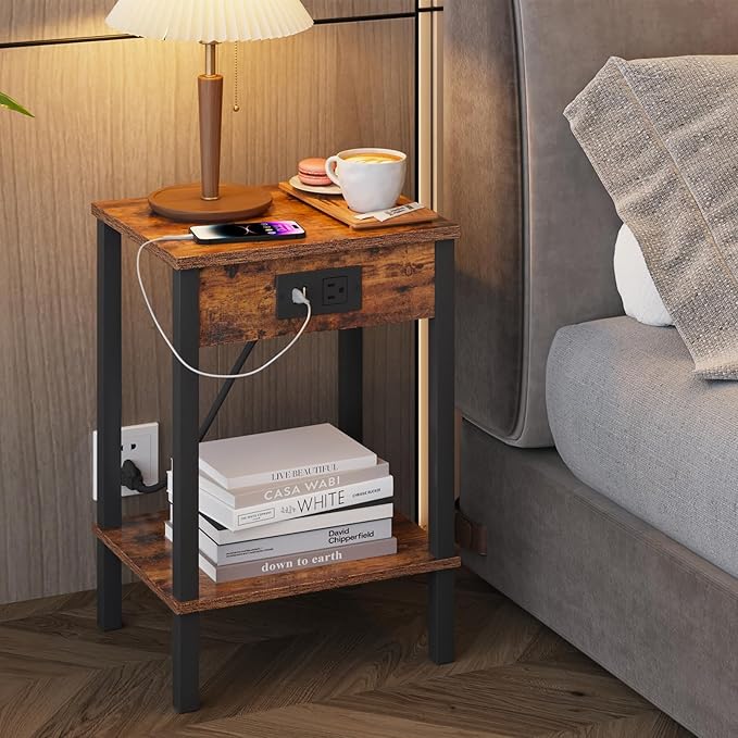 VIMBER Set of 2 End Table with Charging Station, Narrow Side Table with USB Ports and Outlets, Nightstands with 2-Tier Storage Shelves, Sofa Table for Small Space Living Room Bedroom