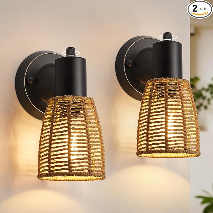 Boho Rattan Wall Sconces Set of 2 - Vanity Lights for Bathroom Farmhouse Wall Light Fixtures with Rotary Switch - Black Indoor Wall Mount Lighting Rustic Lamp for Bedroom Living Room Hallway