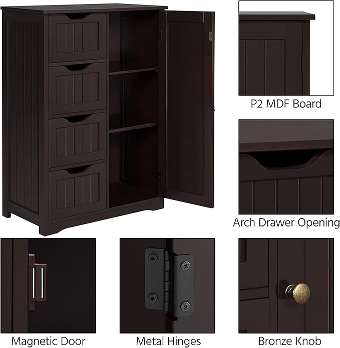 Yaheetech Wooden Bathroom Floor Cabinet, Side Storage Organizer Cabinet with 4 Drawers and 1 Cupboard, Freestanding Entryway Storage Unit Console Table, Home Decor Furniture, Brown