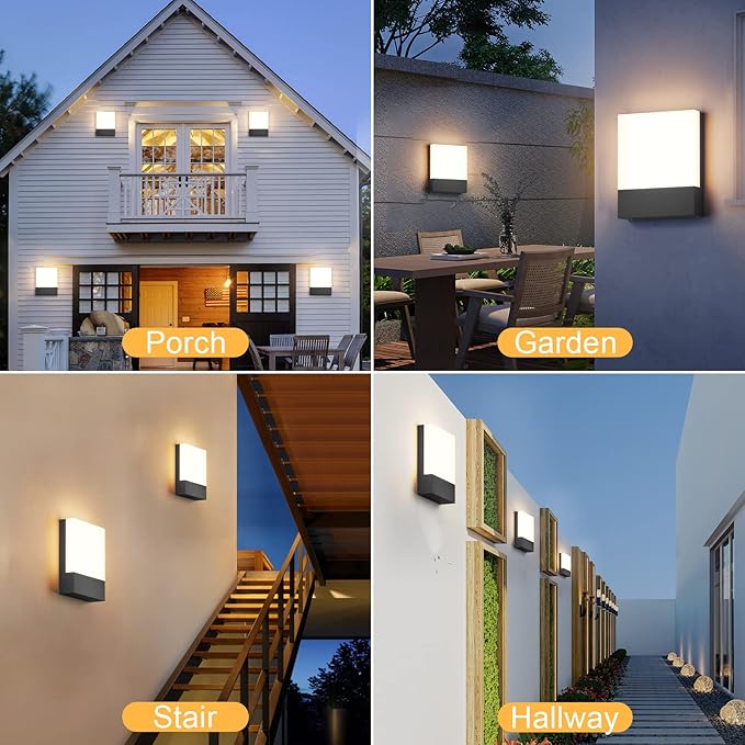 Modern Outdoor Led Wall Light, 24W 3000K Wall Porch & Patio Light,Exterior Hardwired Wall Light Fixtures,IP65 Waterproof Square Wall Lamp for Garage, Front Door,House Yard(Black,2-Pack)