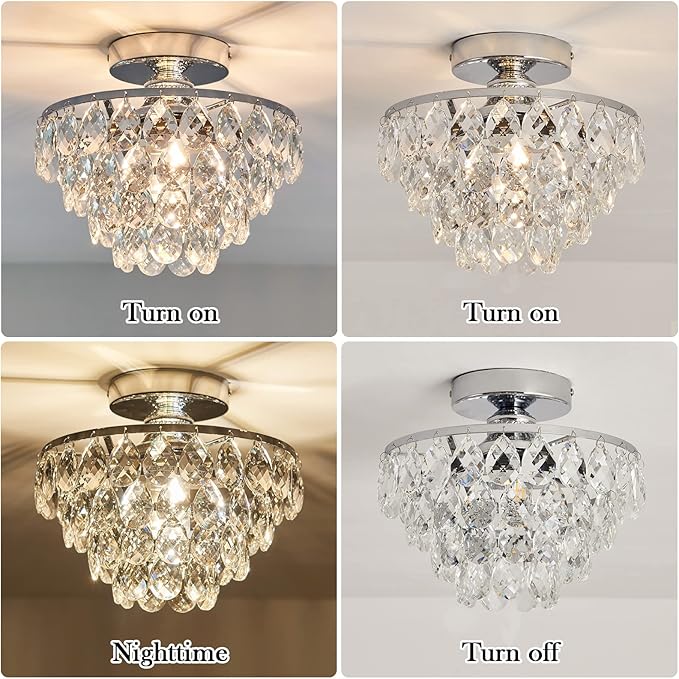 YYJLX Modern E26 Small Crystal Chandelier Semi Flush Mount Ceiling Light Fixture Silver Ceiling Lamp for Hallway Bedroom Bathroom Closet Bedroom Foyer （Chrome）