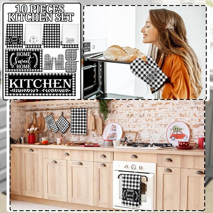 Fourluoo 10 Pcs Kitchen Set Kitchen Towels and Rugs Oven Mitts and Pot Holders Farmhouse Decor for Women Mom Gift Cooking Baking Grilling(White Black)