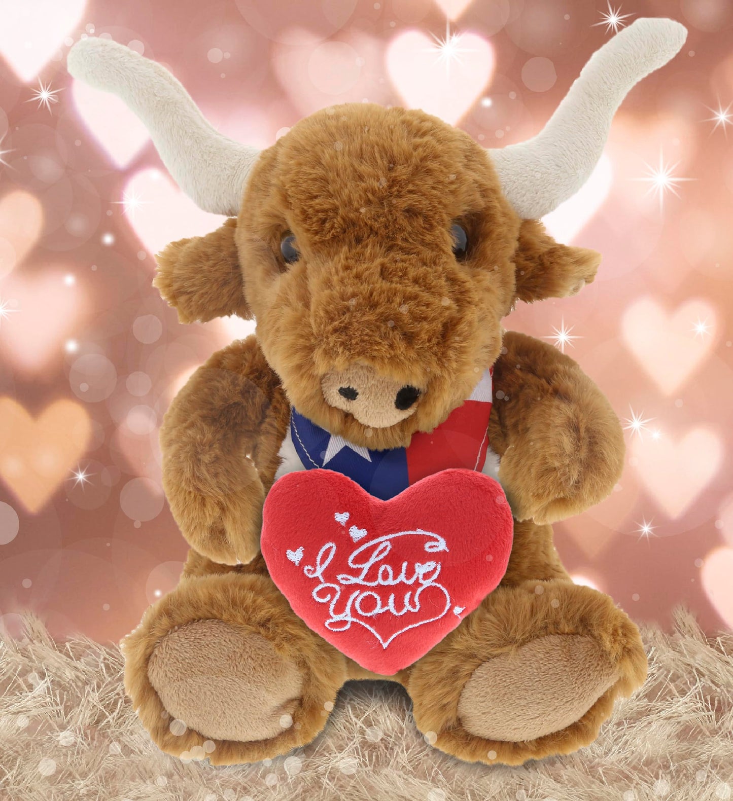 DolliBu I Love You Plush Texas Longhorn - Cute Stuffed Animal Texas Longhorn with Red Heart Plush for Valentines, Anniversary, Romantic Date, Boyfriend, or Girlfriend Gift - 8 Inches