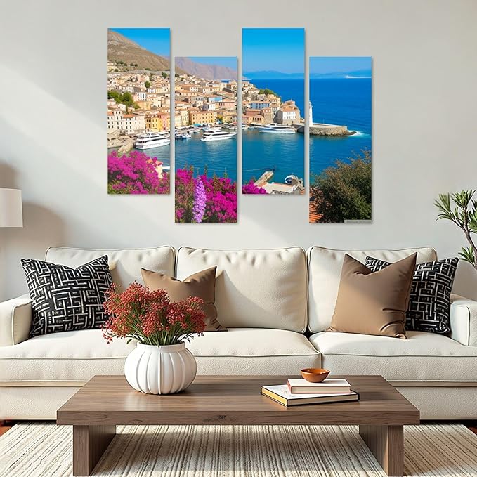 Canvas Wall Art Prints Pictures Symi town cityscape Dodecanese islands Greece Framed Posters Modern Wall Painting Artwork Gift Home Decor for Living Room Ready to Hang 4 Panel