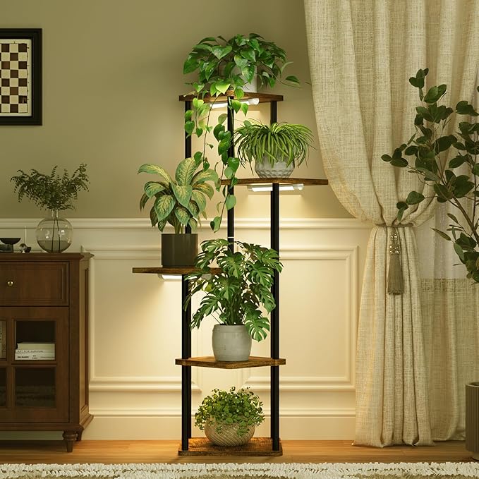 Bamworld Tall Plant Stand Indoor with Grow Light Corner Plant Stand for Indoor Plants 5 Tier Metal Wood Plant Shelf with Grow Lights for Living Room Bedroom Patio Garden Balcony Decor
