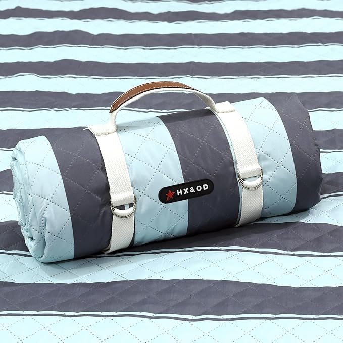 HX&OD Extra Large Picnic Outdoor Blanket, 80”x80” Waterproof Picnic Mat Foldable Camping Blanket Portable with Carry Strap for Beach Mat Outdoor Camping Party(Grey&Green)