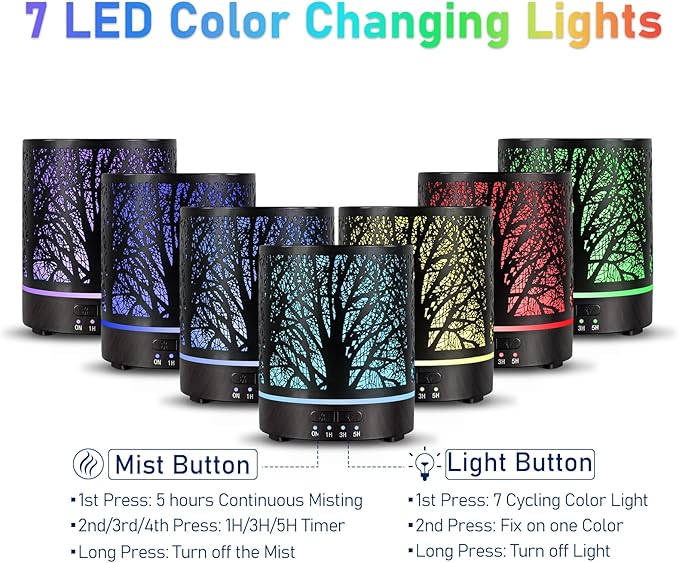 Essential Oil Diffuser Aromatherapy Diffuser -300ml Metal Electric Ultrasonic Oil Diffuser for Large Room with Auto Shut-Off Protection, 4 Timer Setting &7 Colors Night Light for Home (Tree-300ML)