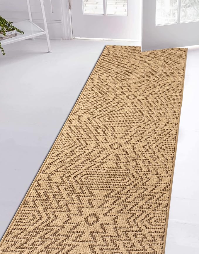Custom Length Cut to Size Tribal Ethnic Southwestern Inspired Hallway Runner Rug, Non Slip Rubber Backed, 31 inch Wide X Customized Length, Inca Tan, 31 inch X 9 feet