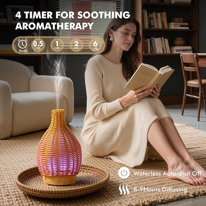 Boho Essential Oil Diffuser for Home -150ml Ultrasonic Fragrance Diffuser Humidifier Whisper Quiet Timer Setting 7 LED Colors Changing Lights for Home Office Decor & Gift (Handwoven)